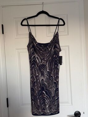 Navy Sequin-Patterned Mini Cowl Neck Dress